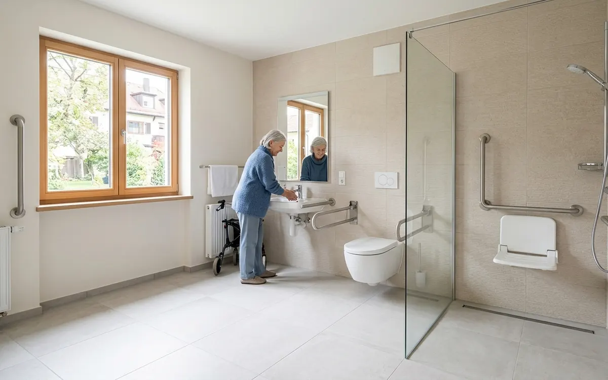 Barrierefreies Badezimmer mit bodengleicher Dusche, Duschsitz, Haltegriffen und unterfahrbarem Waschbecken