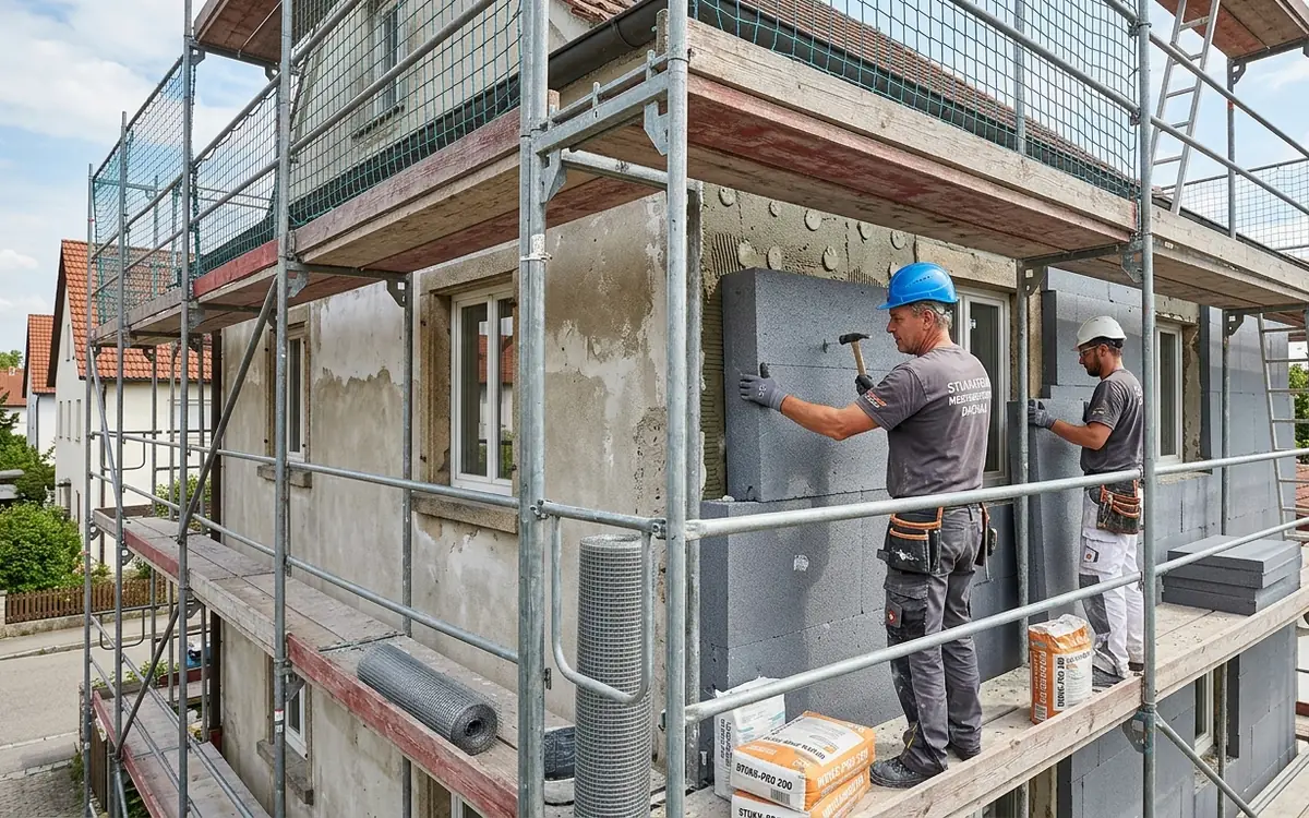 Handwerker bringen WDVS-Dämmplatten an der Fassade eines eingerüsteten Wohnhauses an