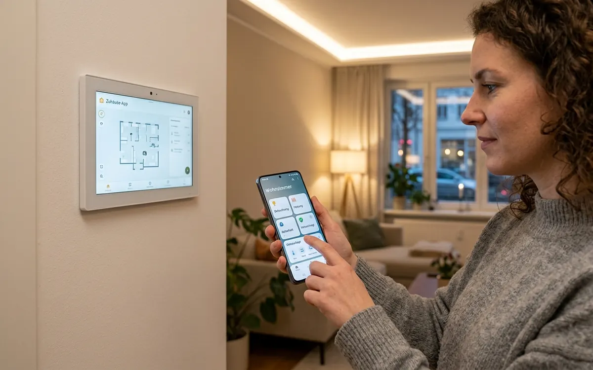 Bewohnerin steuert Licht, Heizung und Verschattung über Smart-Home-App und Wandpanel