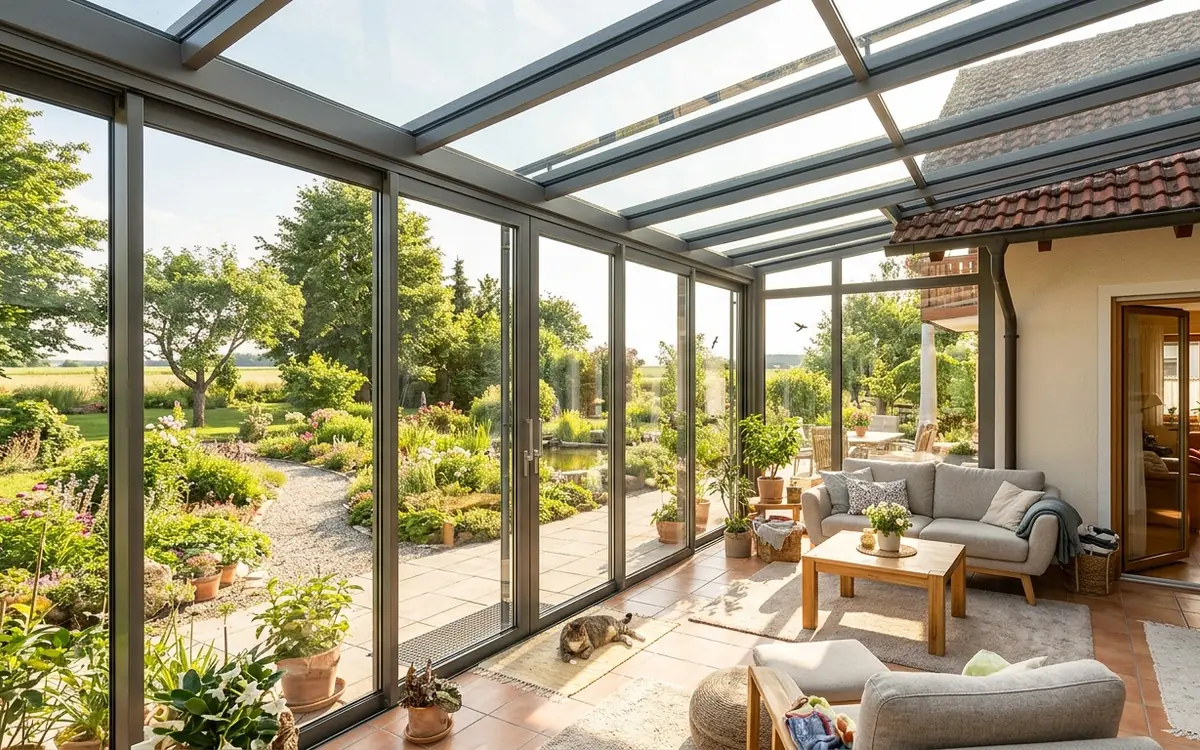 Verglaster Wintergarten mit Blick in einen sommerlichen Garten
