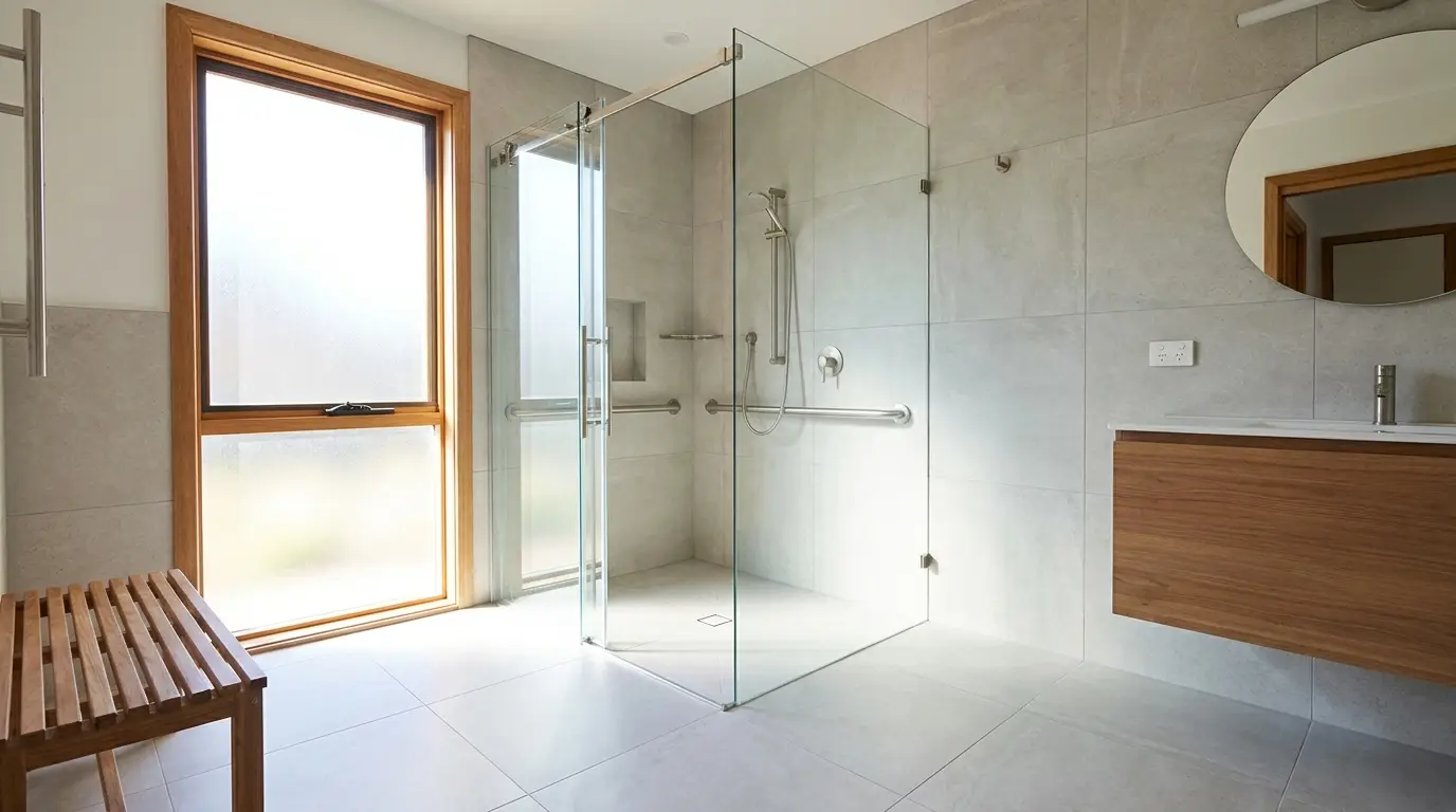 Modernes barrierefreies Badezimmer mit bodengleicher Glasdusche, Haltegriffen und hellgrauen Großformatfliesen