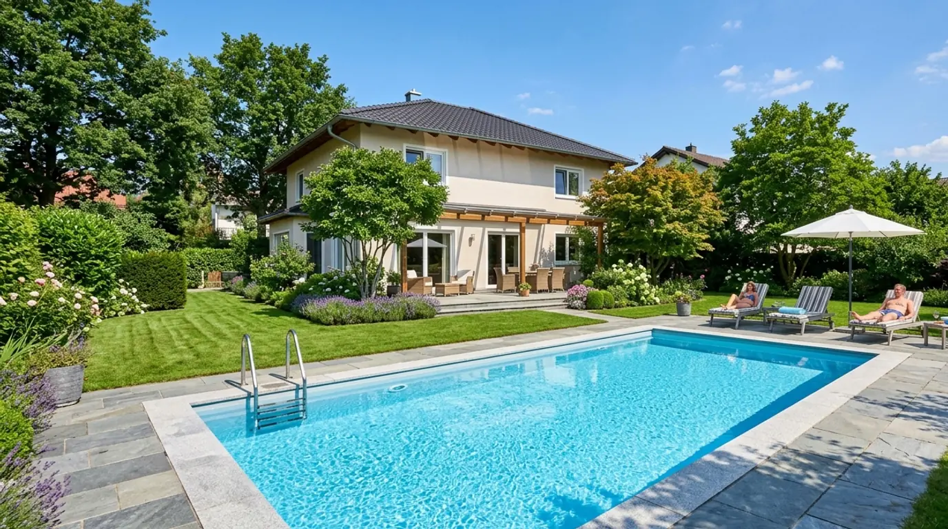Rechteckiger Gartenpool mit Natursteinumrandung, Liegen und Sonnenschirm hinter einem Einfamilienhaus