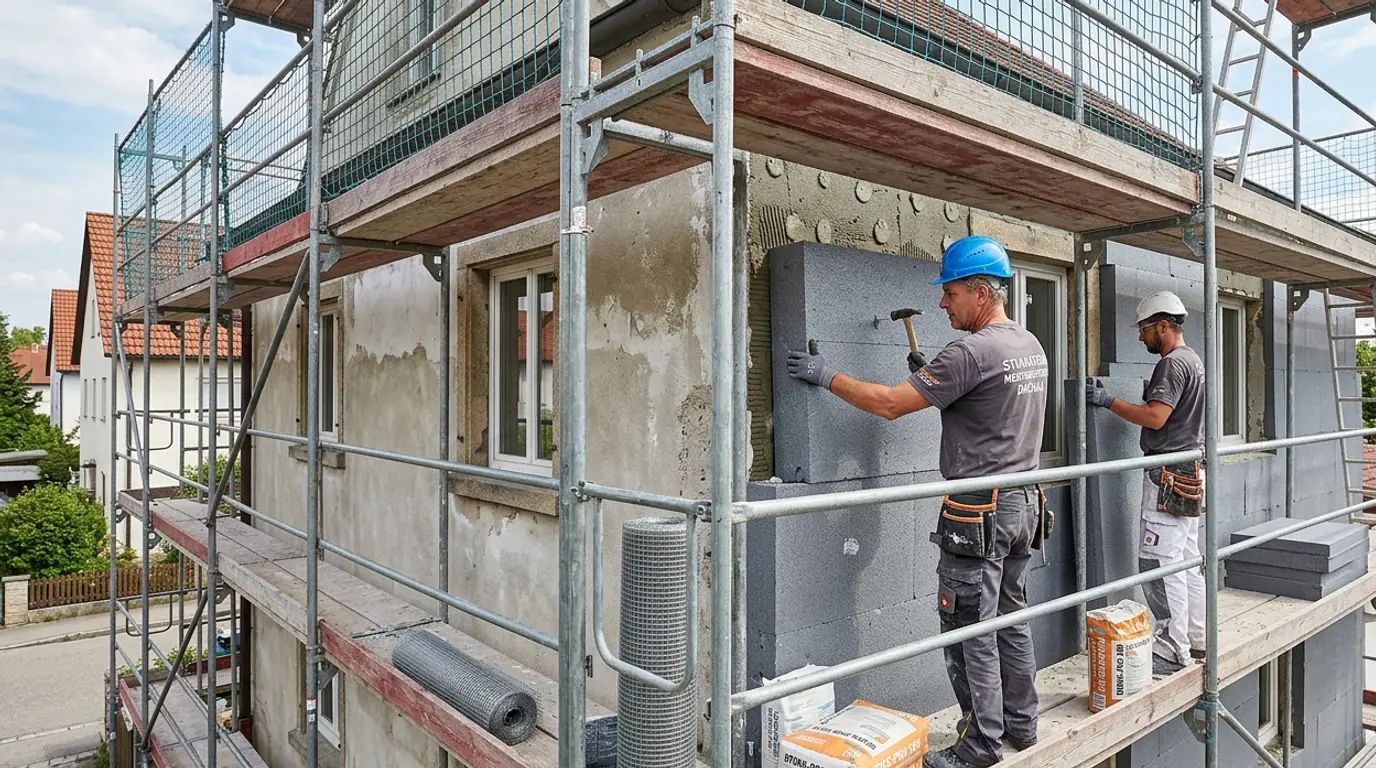 Zwei Handwerker bringen graue EPS-Dämmplatten eines Wärmedämmverbundsystems an der Fassade eines eingerüsteten Wohnhauses an