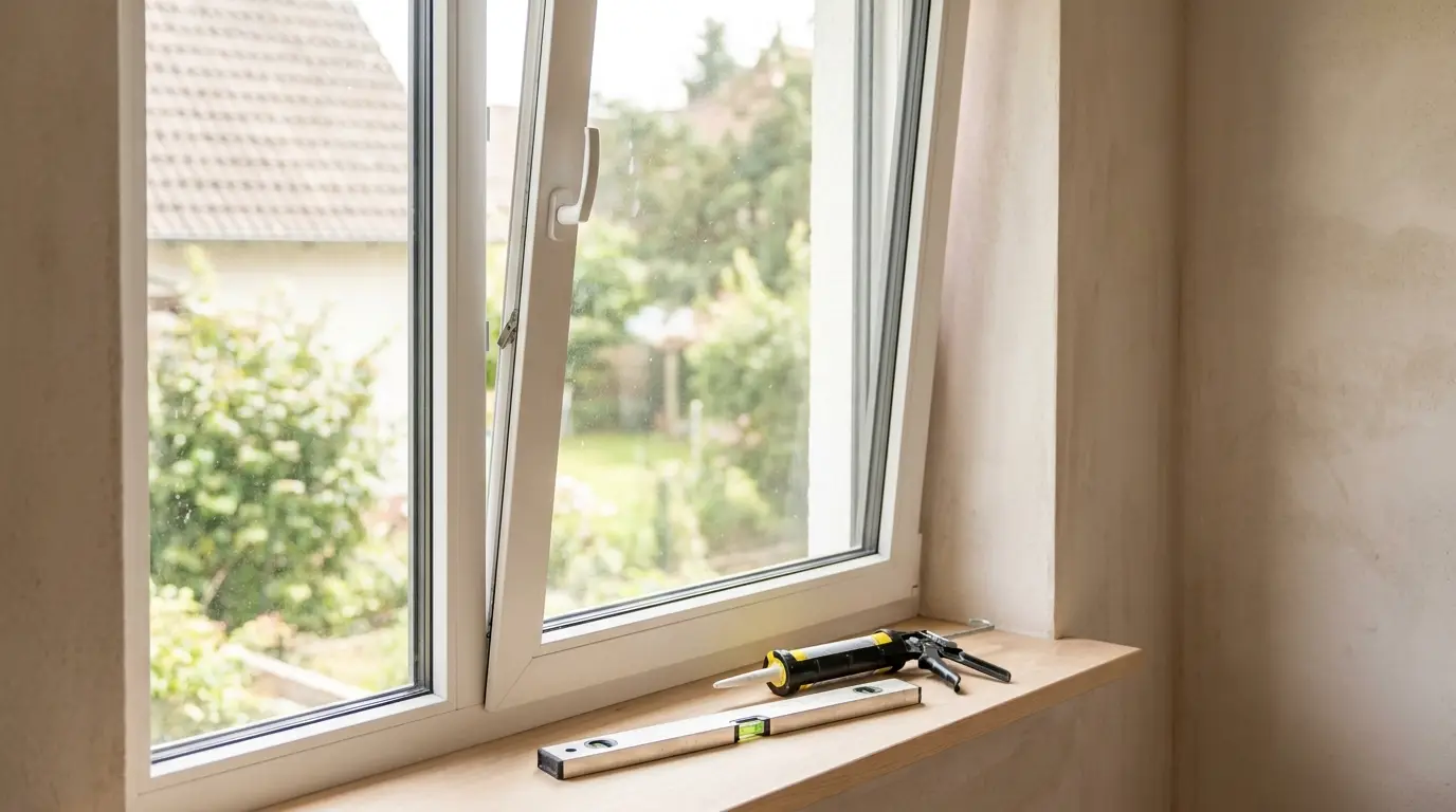 Neu eingebautes dreifach verglastes Kunststofffenster mit Wasserwaage und Dichtmasse auf der Fensterbank