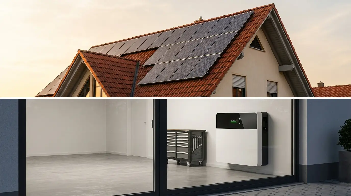 Photovoltaikanlage auf einem Ziegeldach und Heimspeicher an der Garagenwand eines Einfamilienhauses